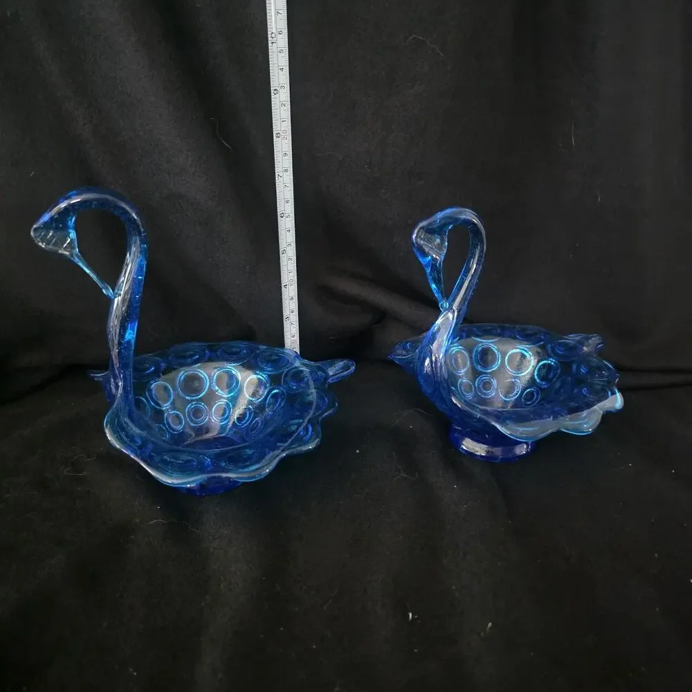 Vintage MCM Cobalt Blue Glass Swan Planters Coin Dot Pedestal Art Glass Pair